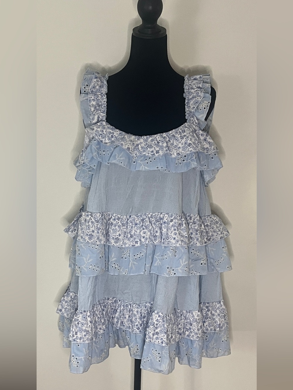 DollsKill Current Mood Light Blue Floral Eyelet Tiered Dress with Ruffles Size M